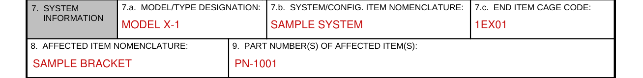 Form DD 1694 example filled out, boxes 7 to 9, the system and the affected item
