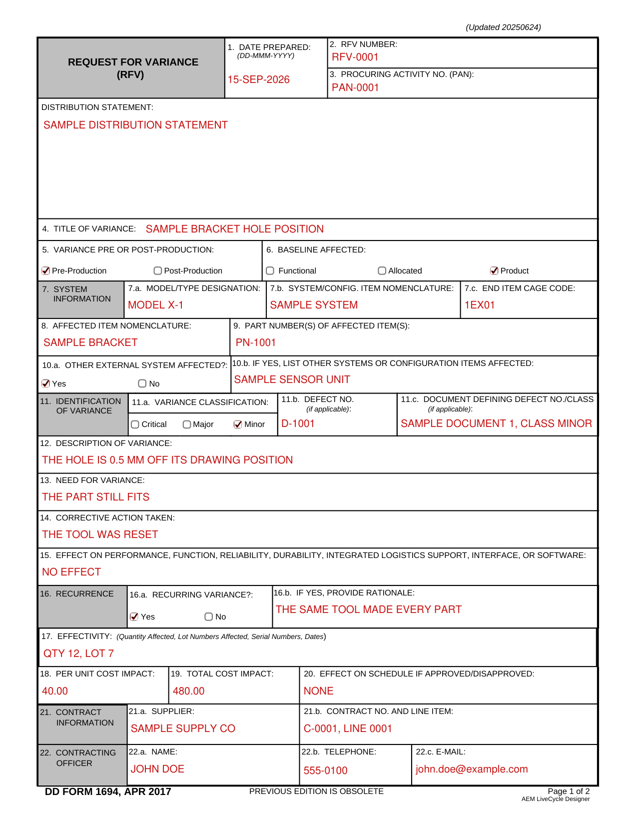Form DD 1694 example filled out, example: a minor variance on a product