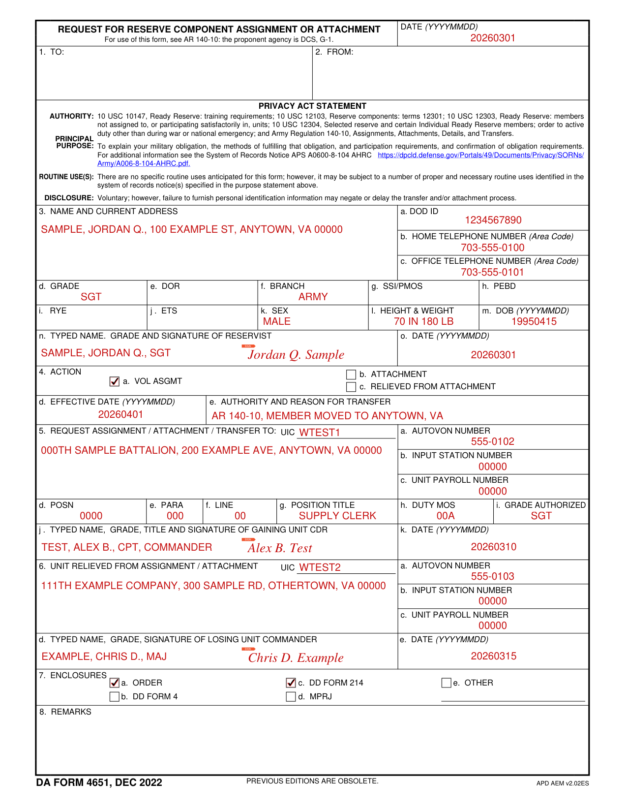 DA Form 4651 example filled out, example: a reservist asks for a voluntary assignment