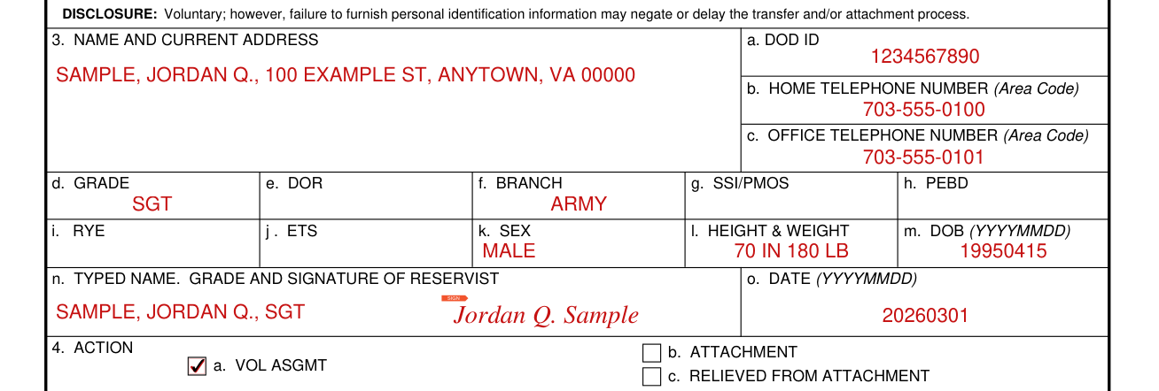 DA Form 4651 example filled out, name and current address, and the reservist's signature (box 3)