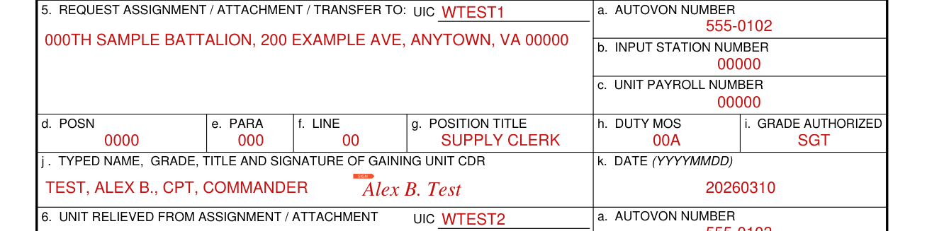 DA Form 4651 example filled out, request assignment, attachment or transfer to, and the gaining unit (box 5)