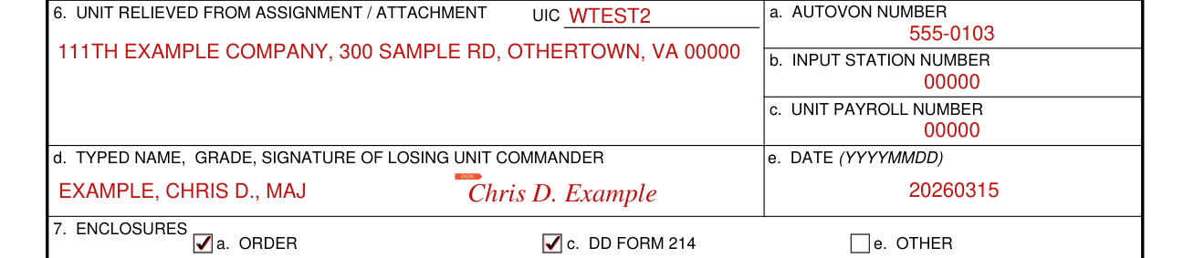 DA Form 4651 example filled out, unit relieved from assignment or attachment, and the losing unit commander (box 6)