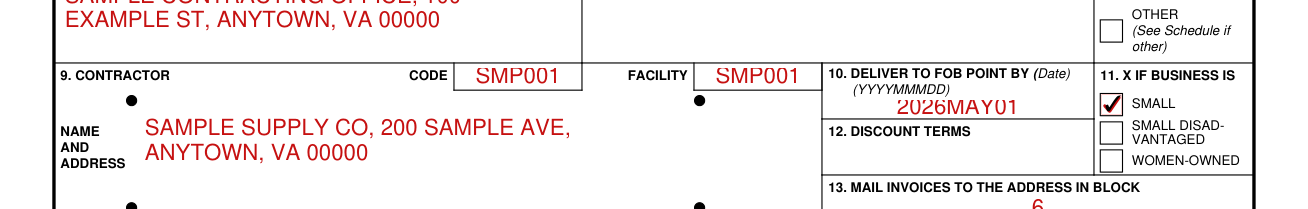 DD Form 1155 example filled out, contractor code, facility, name and address