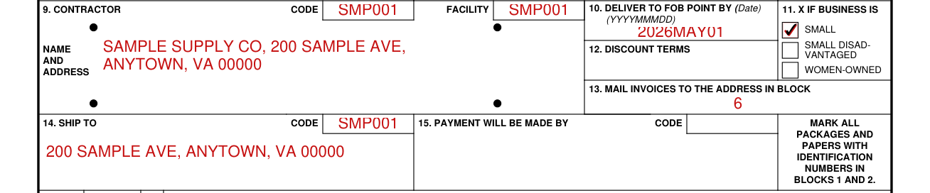 DD Form 1155 example filled out, deliver to, discount terms, invoices, ship to and payment will be made by
