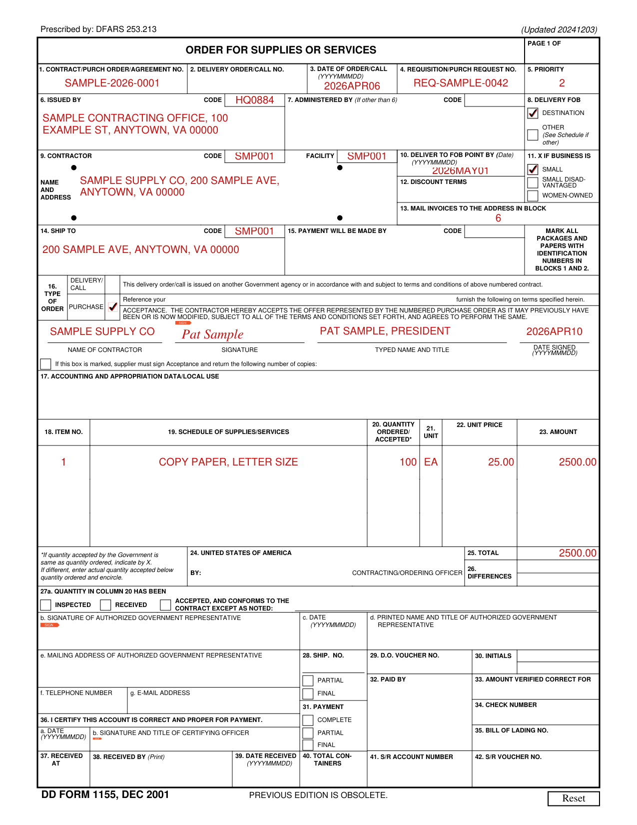 DD Form 1155 example filled out, example: a purchase order for copy paper