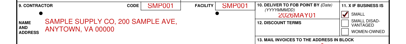 DD Form 1155 example filled out, if business is small, small disadvantaged or women-owned