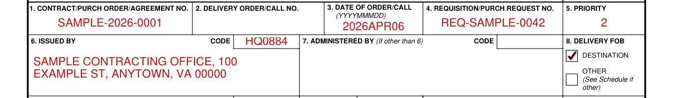 DD Form 1155 example filled out, issued by, administered by and delivery fob
