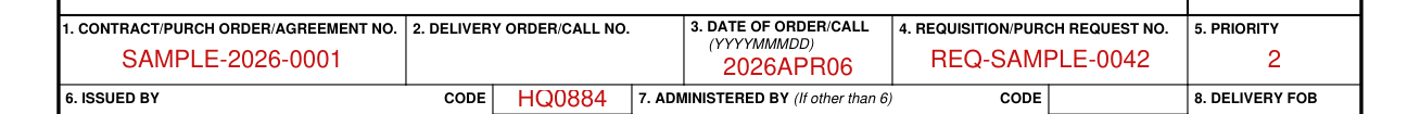 DD Form 1155 example filled out, order number, delivery order or call number and date of order or call