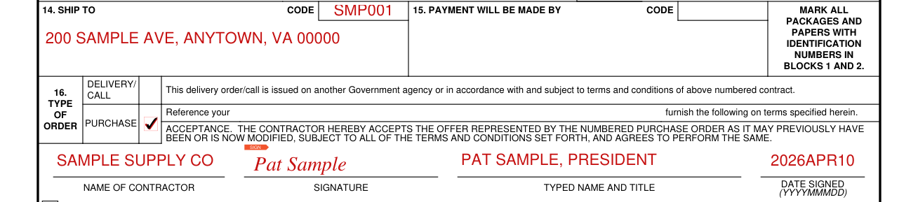 DD Form 1155 example filled out, type of order and acceptance