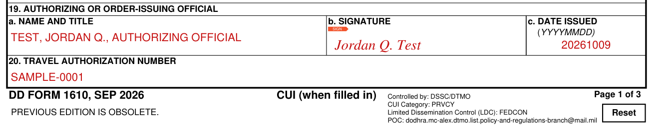 DD Form 1610 example filled out, authorizing or order-issuing official and travel authorization number (boxes 19 and 20)
