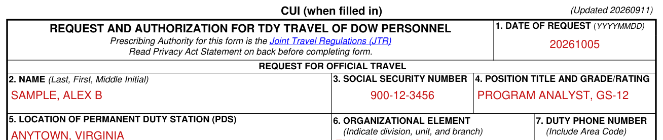 DD Form 1610 example filled out, date of request, name, Social Security Number and position (boxes 1 to 4)