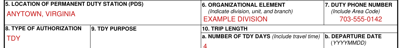 DD Form 1610 example filled out, duty station, organizational element and duty phone (boxes 5 to 7)