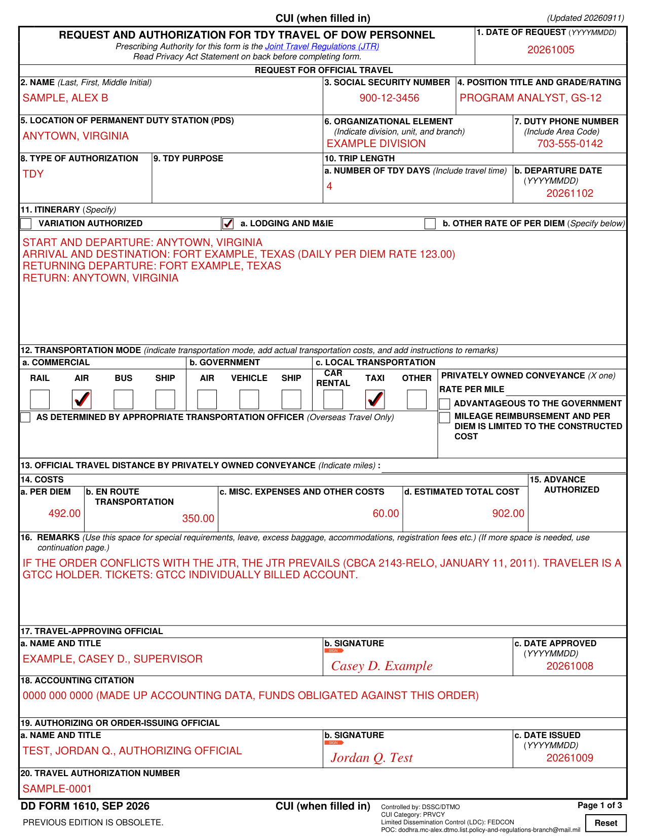 DD Form 1610 example filled out, example: a four-day TDY trip by air