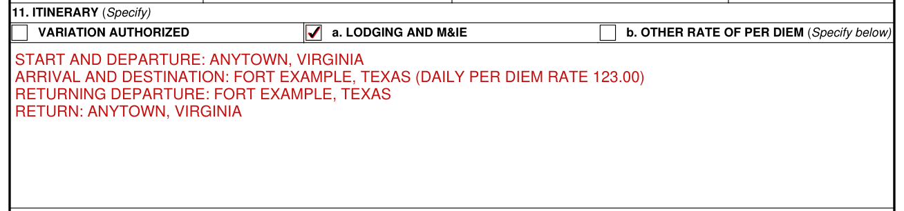 DD Form 1610 example filled out, itinerary and per diem (box 11)