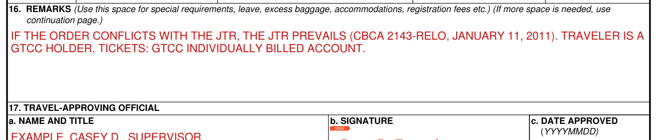 DD Form 1610 example filled out, remarks (box 16)