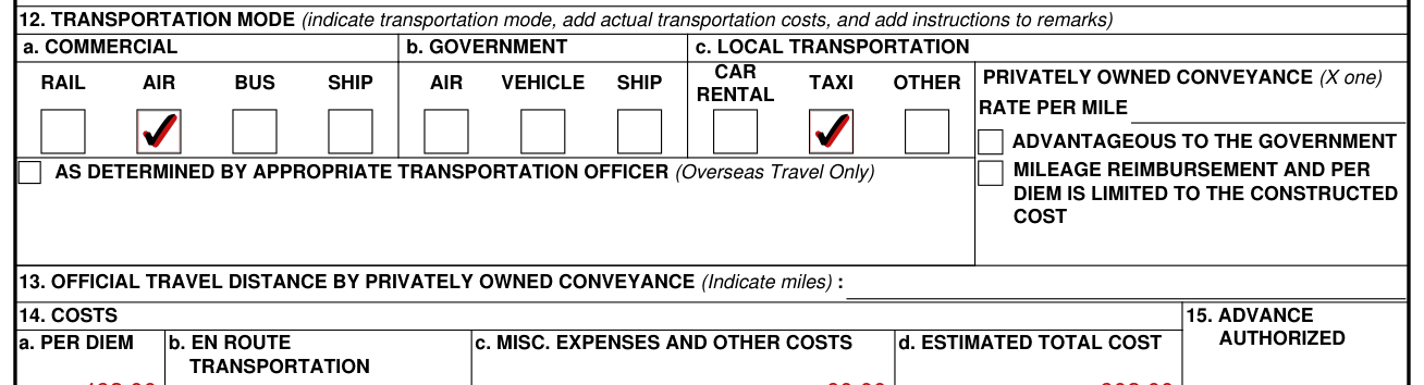 DD Form 1610 example filled out, transportation mode and travel distance (boxes 12 and 13)