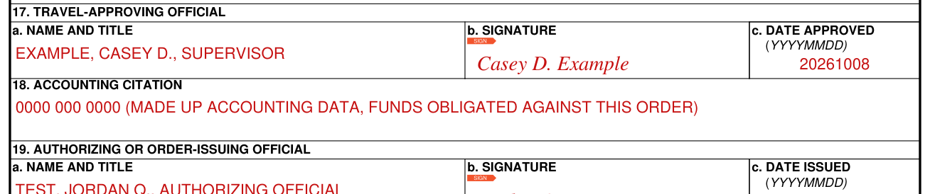 DD Form 1610 example filled out, travel-approving official and accounting citation (boxes 17 and 18)
