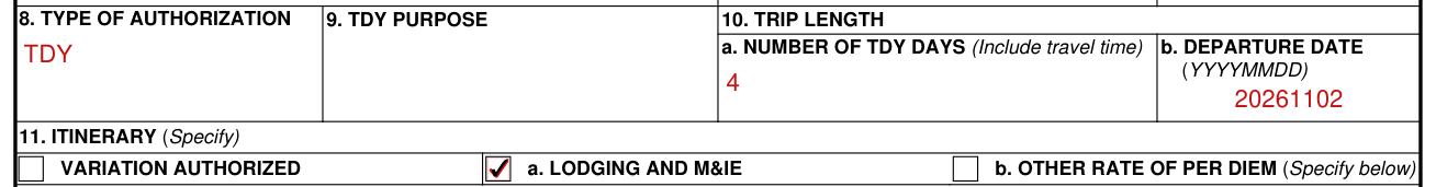 DD Form 1610 example filled out, type of authorization, purpose and trip length (boxes 8 to 10)