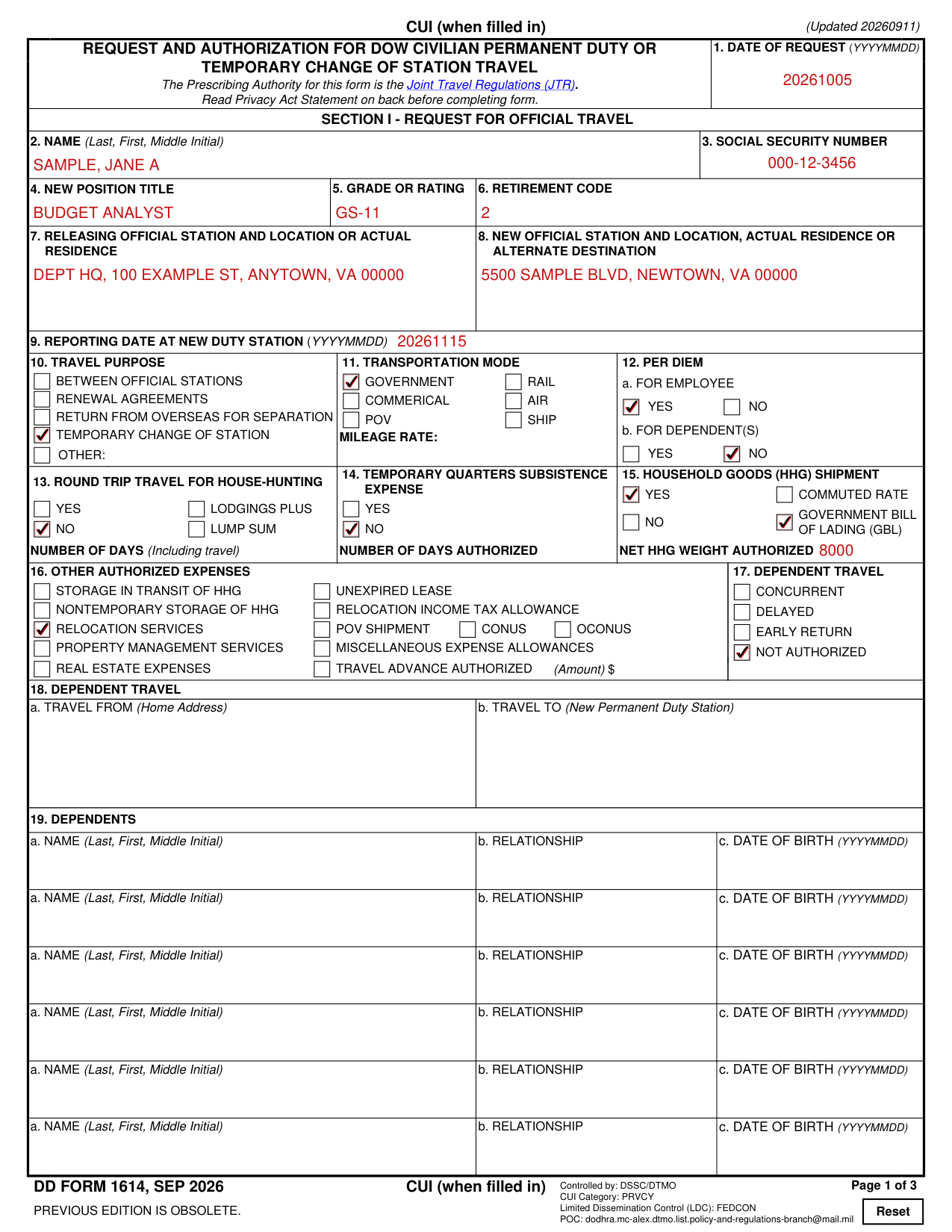 DD Form 1614 example filled out, example: a temporary change of station request