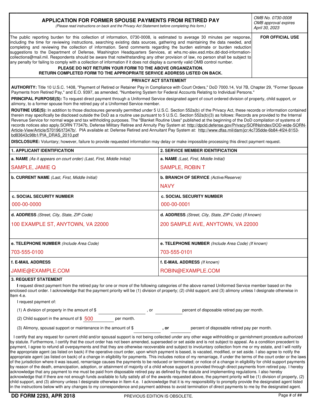 DD Form 2293 example filled out, example: a former spouse requests child support