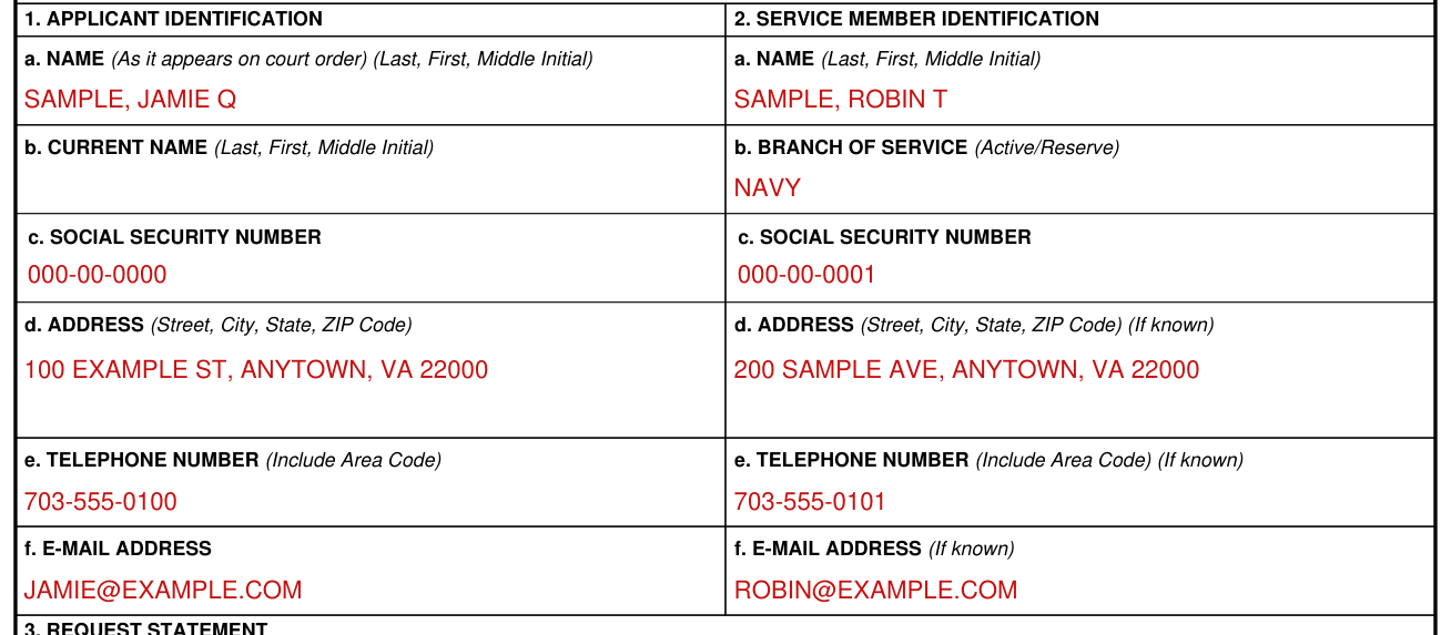 DD Form 2293 example filled out, item 2: member's name, branch of service, address, telephone and email address
