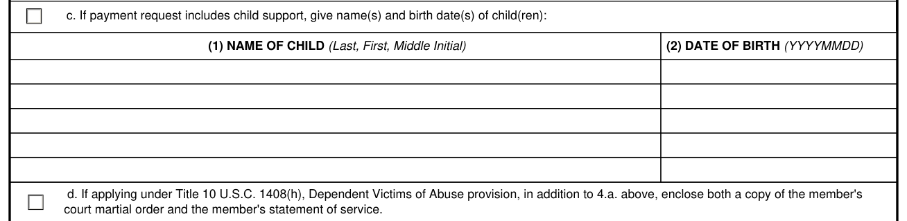 DD Form 2293 example filled out, name of child and date of birth
