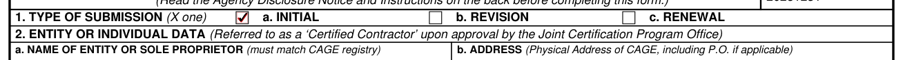 DD Form 2345 example filled out, 1. TYPE OF SUBMISSION