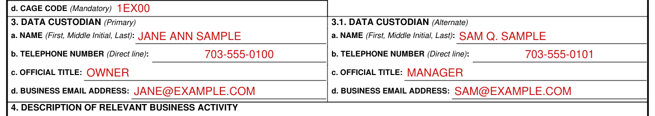 DD Form 2345 example filled out, 3. DATA CUSTODIAN (Primary) and 3.1. DATA CUSTODIAN (Alternate)