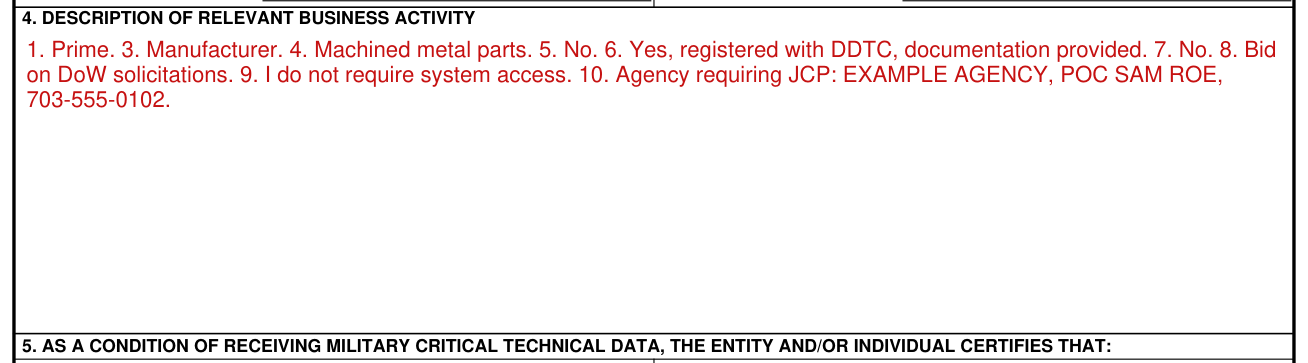 DD Form 2345 example filled out, 4. Description of relevant business activity