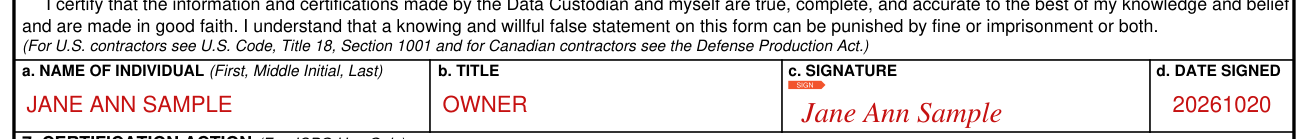 DD Form 2345 example filled out, 6. NAME OF INDIVIDUAL, TITLE, SIGNATURE and DATE SIGNED