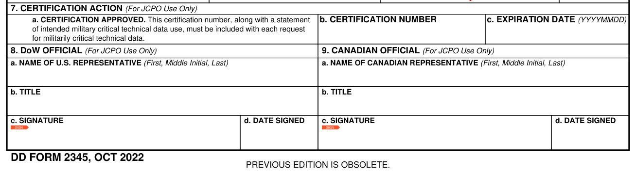DD Form 2345 example filled out, 7. CERTIFICATION ACTION, 8. DoW OFFICIAL and 9. CANADIAN OFFICIAL (For JCPO Use Only)