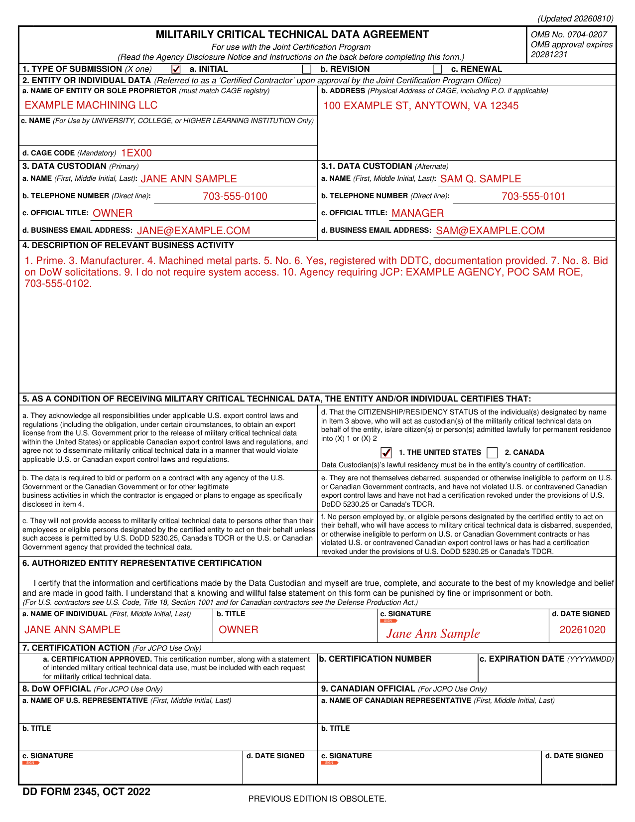 DD Form 2345 example filled out, example: a first application by a machining firm