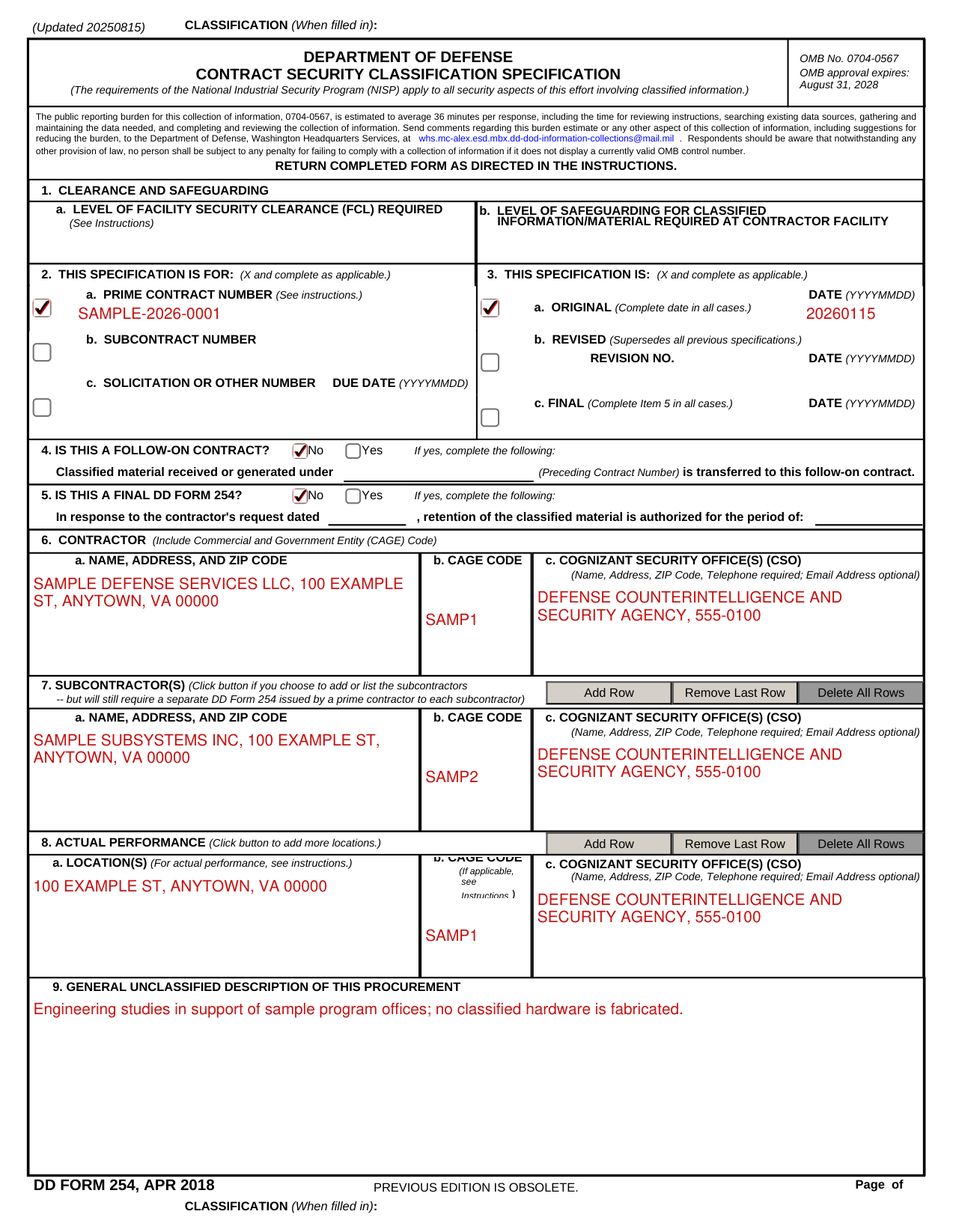 DD Form 254 example filled out, example: an original specification for a prime contract