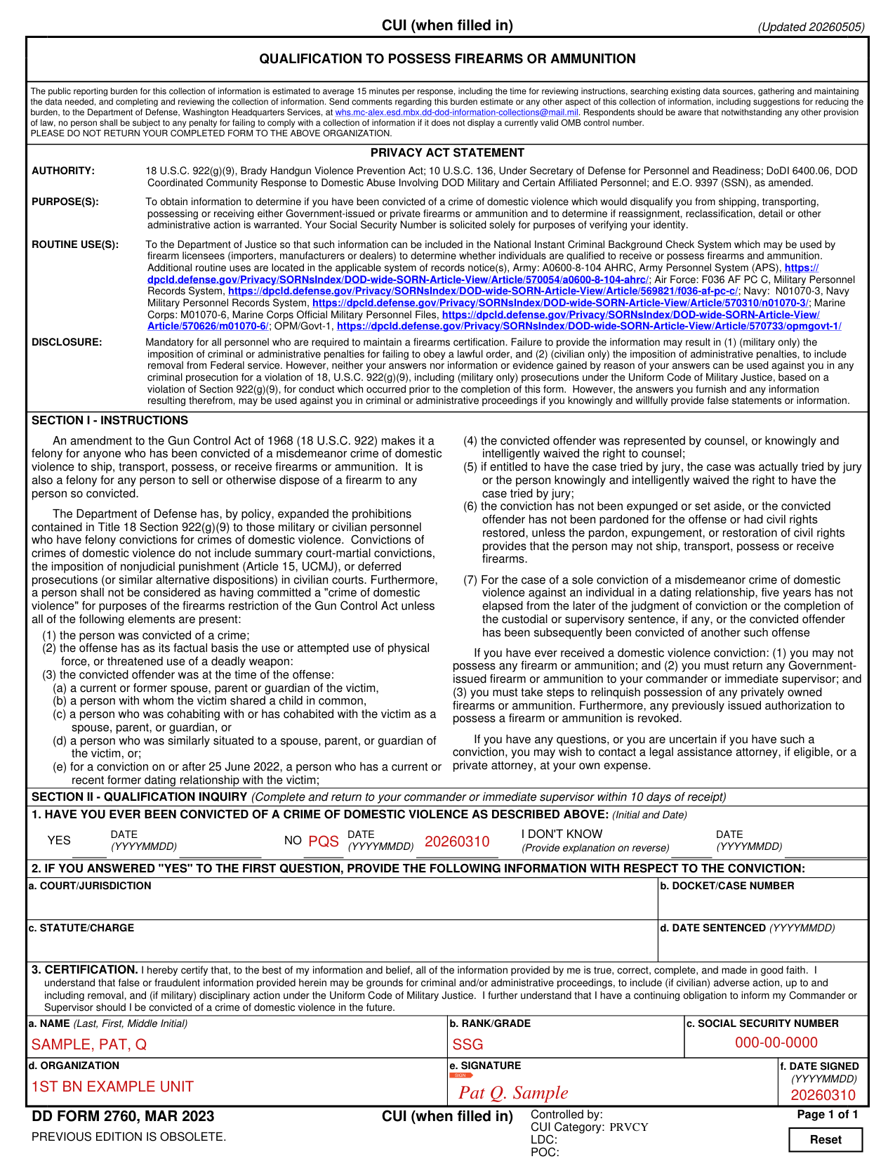 DD Form 2760 example filled out, example: a service member answers NO