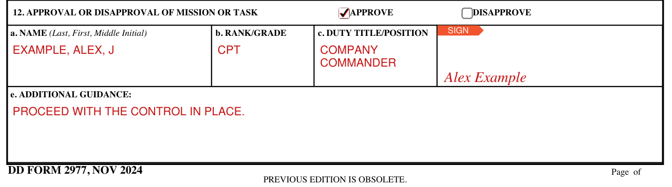 DD Form 2977 example filled out, approval or Disapproval of Mission or Task