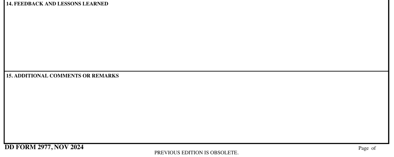 DD Form 2977 example filled out, feedback and Lessons Learned and Additional Comments or Remarks