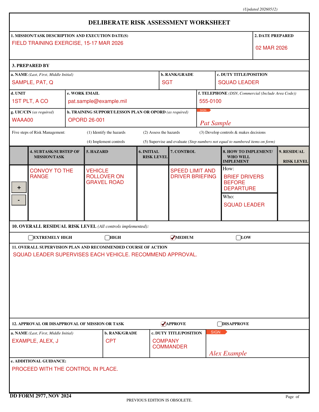 DD Form 2977 example filled out, example: a squad leader assesses a convoy hazard