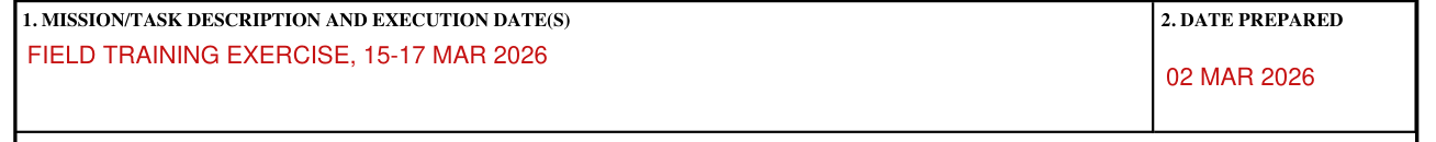 DD Form 2977 example filled out, mission/Task Description and Execution Date(s) and Date Prepared