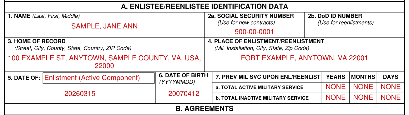 DD Form 4 example filled out, section A, Enlistee/Reenlistee identification data