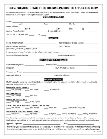 Ddess Substitute Teacher Or Training Instructor Application Form Preview