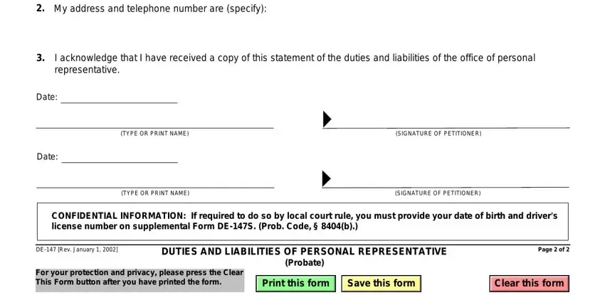 personal representative form I have petitioned the court to be, I acknowledge that I have received, Date, Date, TYPE OR PRINT NAME, SIGNATURE OF PETITIONER, TYPE OR PRINT NAME, SIGNATURE OF PETITIONER, CONFIDENTIAL INFORMATION If, DE Rev January, DUTIES AND LIABILITIES OF PERSONAL, and Page  of blanks to fill out