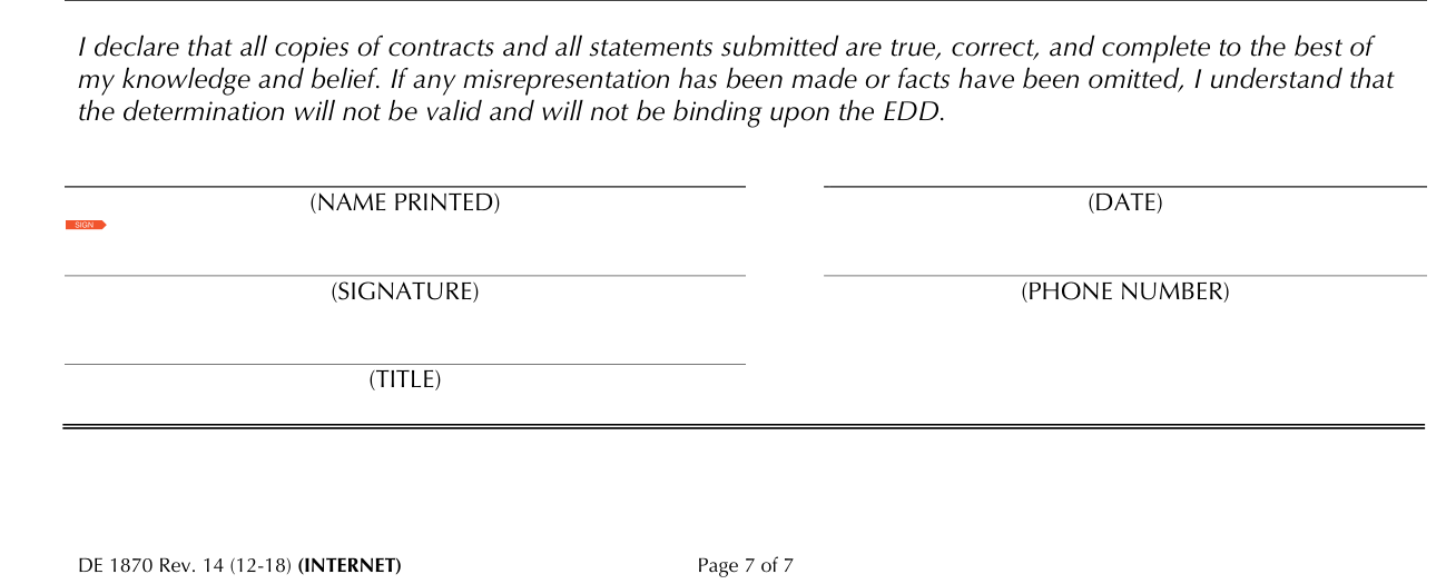 Form DE 1870 example filled out, declaration and signature