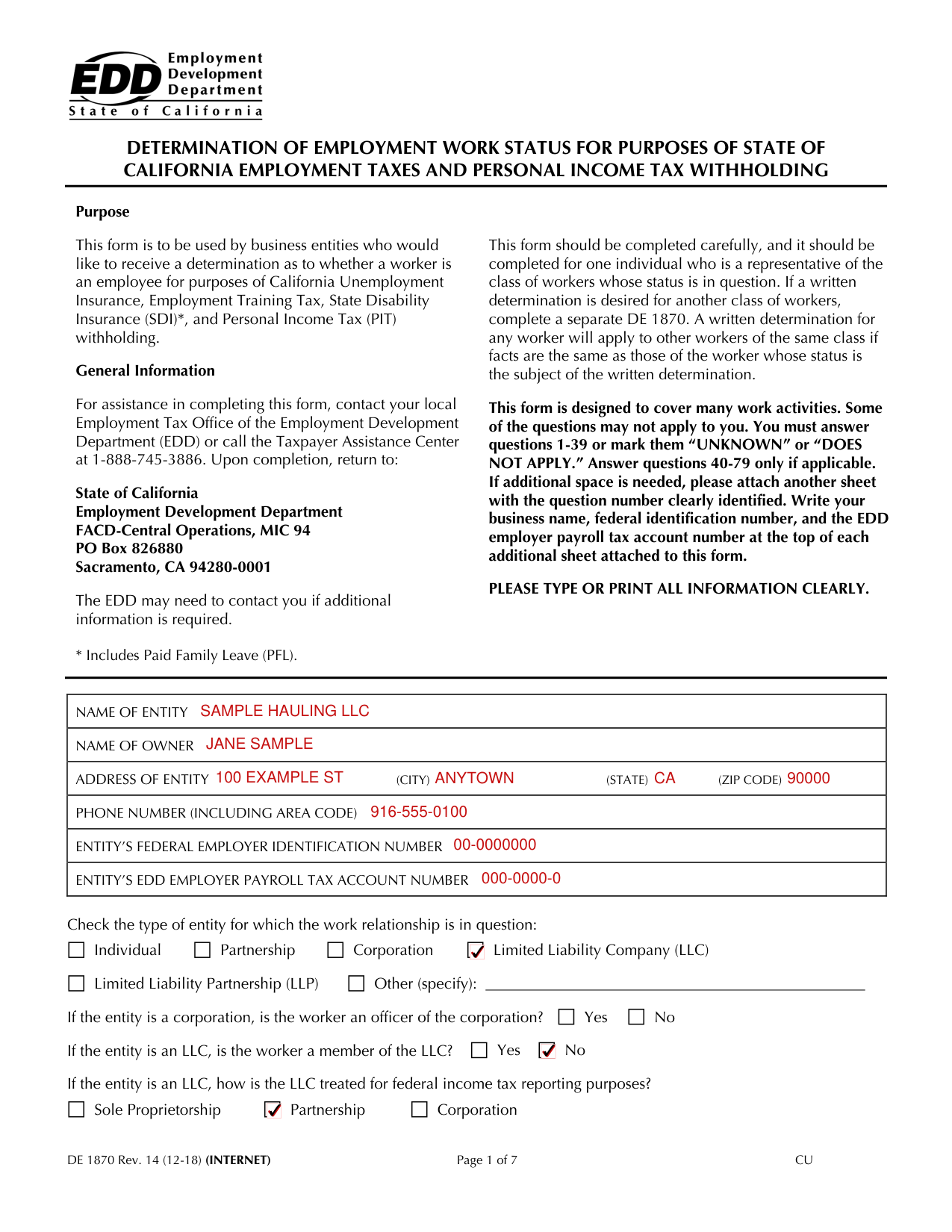 Form DE 1870 example filled out, example: an LLC asks for a decision about one driver