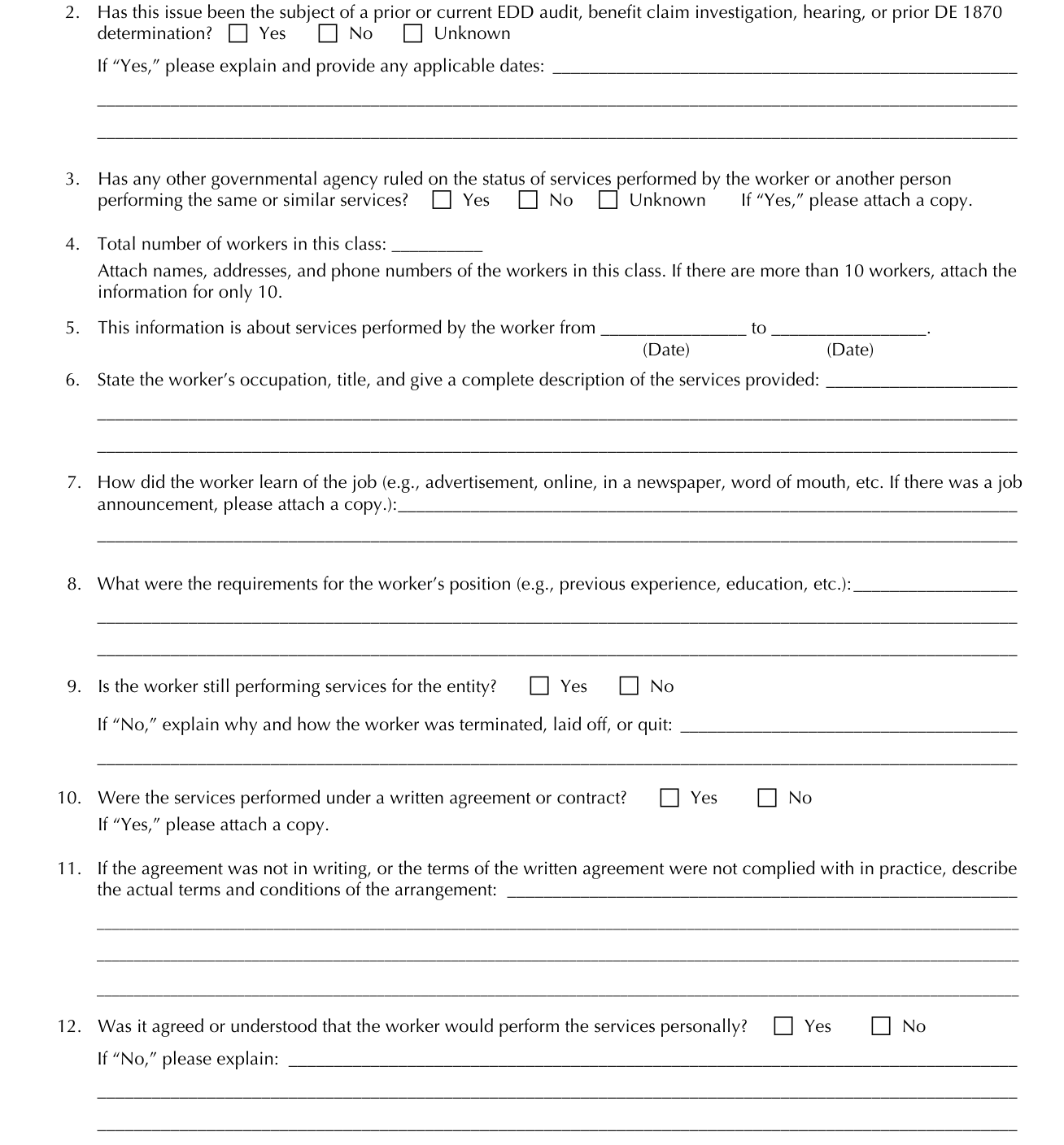 Form DE 1870 example filled out, prior EDD audit and the written agreement