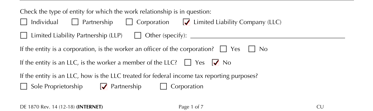 Form DE 1870 example filled out, type of entity for which the work relationship is in question