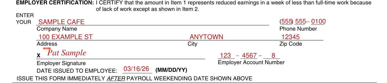 Form DE 2063 example filled out, employer certification