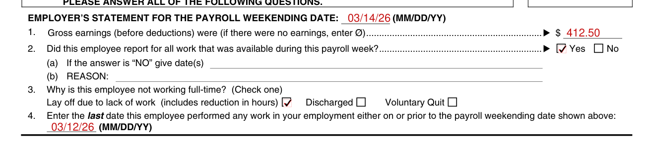 Form DE 2063 example filled out, employer's statement for the payroll weekending date