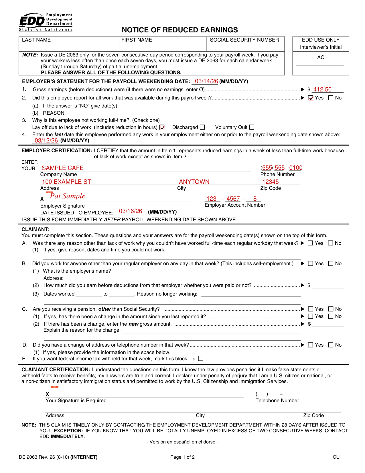Form DE 2063 example filled out, example: an employer issues a DE 2063 for a layoff week