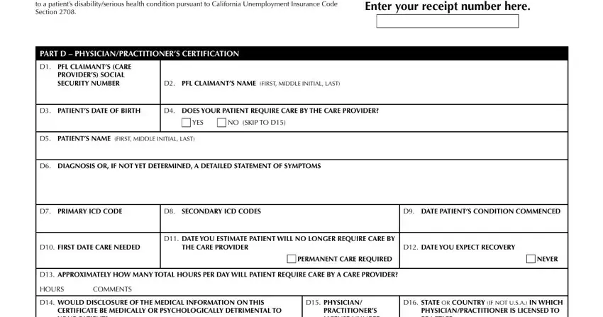 2501 fc form Enteryourreceiptnumberhere, PROVIDERSSOCIALSECURITYNUMBER, DPATIENTSDATEOFBIRTH, YES, NOSKIPTOD, DPATIENTSNAMEFIRSTMIDDLEINITIALLAST, DPRIMARYICDCODE, DSECONDARYICDCODES, DDATEPATIENTSCONDITIONCOMMENCED, DFIRSTDATECARENEEDED, THECAREPROVIDER, DDATEYOUEXPECTRECOVERY, PERMANENTCAREREQUIRED, NEVER, and HOURS blanks to complete