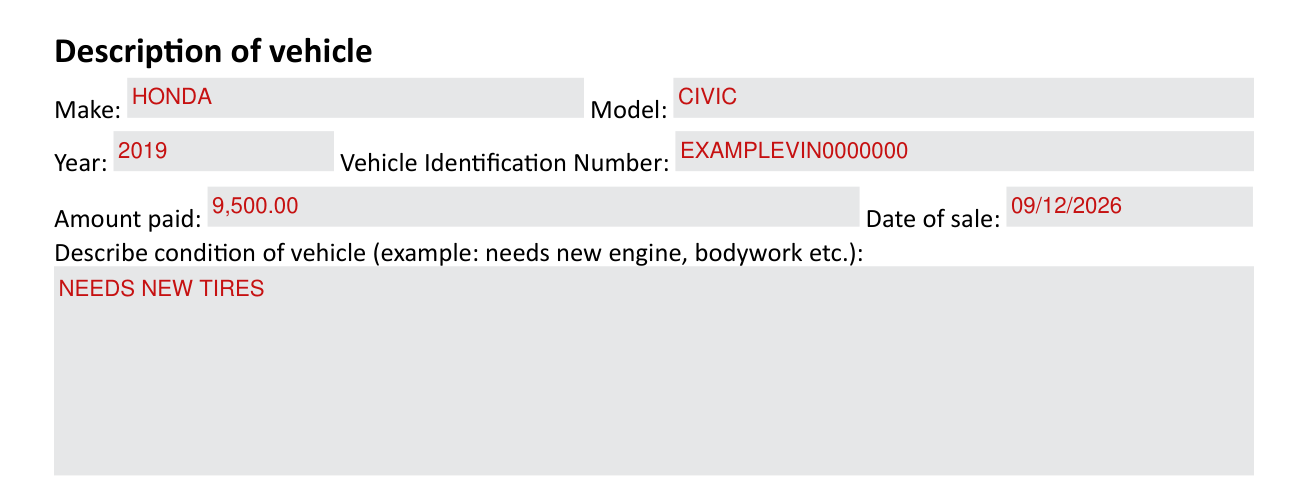Form 32 2501 example filled out, description of vehicle